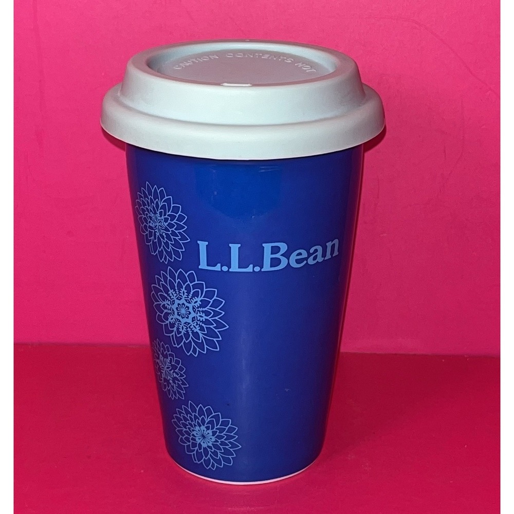 LL Bean‎ Blue Floral Design 12oz Ceramic Double Wall Travel Mug Cup Silicone Lid
